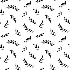 Fototapeta na wymiar Hand drawn small leaves vector seamless pattern. Tiny vector black branches, twigs with leaves. Black ink texture with foliage. Hand drawn eucalyptus, laurel twig. Abstract plant motif