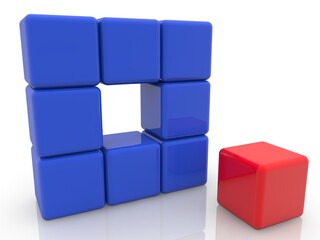 Blue toy blocks with a red toy block in the foreground