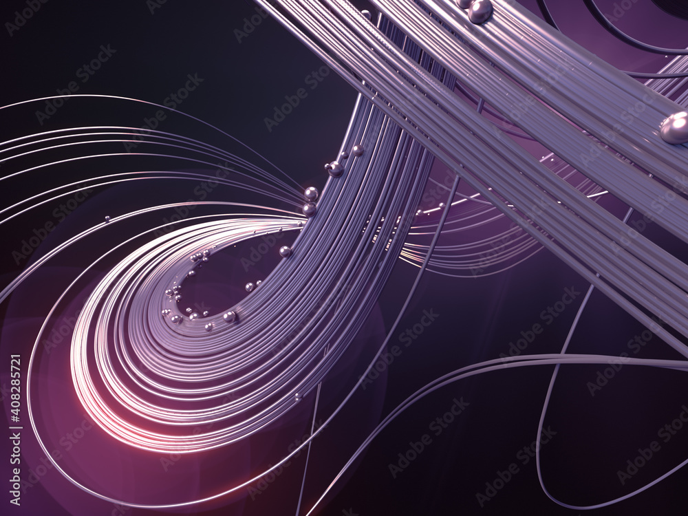 Poster abstract 3d rendering silver jewelry with shiny shapes beads on a dark background