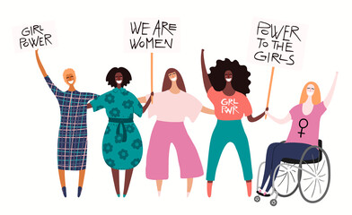 Diverse women group, woman in a wheelchair on a protest, holding different placards, banners with copy space. Hand drawn vector illustration, isolated on white. Flat style design. Concept for feminism
