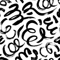 Black paint freehand scribbles vector seamless pattern. Wavy lines and round shapes, dry brush stroke texture. Abstract monochrome wallpaper design, trendy textile print. Wavy and swirled brush stroke © Anastasiia Hevko