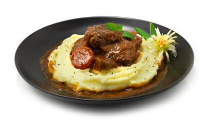Mashed Potatoes ontop with Beef Stew in Red Wine Sauce