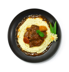 Mashed Potatoes ontop with Beef Stew in Red Wine Sauce