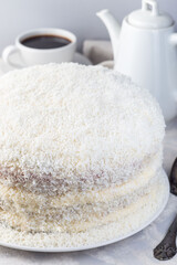 Homemade coconut cake with cream cheese frosting and coconut flakes decoration, on white plate, vertical