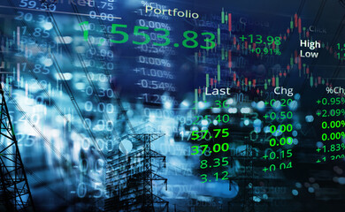 Fototapeta premium graph line of trade stock market and index number on glow blur city light blue business background