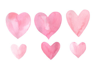 Set of pink hearts on isolated white background, watercolor illustration