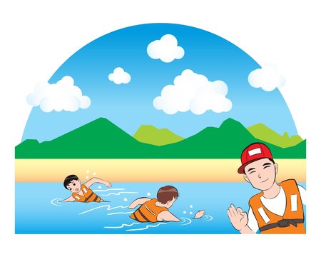 man show how to right safety swim. who shoud be swim parallel with bank.  vector illustration isolated cartoon hand drawn