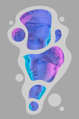Collage with plaster antique sculpture of human face in a pop art style. Modern creative concept image with ancient statue head. Zine culture. Contemporary art poster. Funky minimalism. Retro design.
