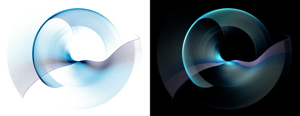 The rounded curved plane is crossed by the rounded wavy element. Blue graphic design elements on white and black backgrounds. Set. 3d rendering. 3d illustration. Sign, icon, symbol, logo. © Svetlana