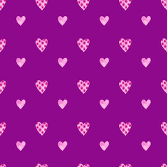 Seamless pattern with pink hearts on purple background. Romantic hand painted watercolor illustration. Valentines day wrapping paper, scrapbook page, wallpaper, fabric, textile designs.