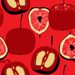 Plum, apple and fig seamless pattern over bright red color background