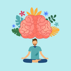 Man doing meditation with powerful brain. Mind power. Brain meditate. Mindfulness. Mental health.