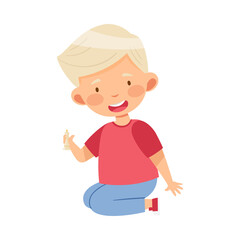 Blond Boy Holding Chessman or Chess Piece with Hand Vector Illustration