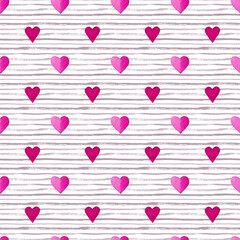 Seamless pattern with pink and red hearts on stripped white and grey background. Romantic hand painted watercolor illustration. Valentines day wrapping paper, scrapbook page, fabric, textile designs.