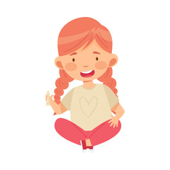 Redhead Girl Holding Chessman or Chess Piece with Hand Vector Illustration