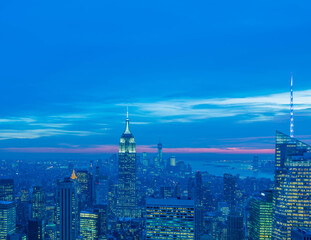 Night view of New York Manhattan during sunset