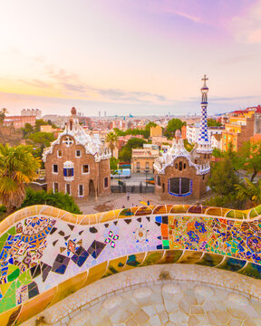 Park Guell captured during sunrise in Barcelona, Spain.