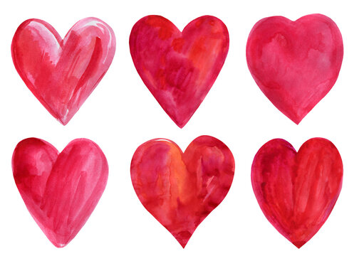 Set of red hearts on isolated white background, watercolor illustration, valentine's day