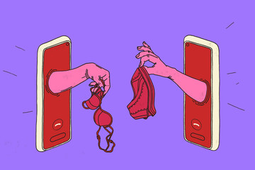 Sexting sex during coronavirus (covid-19). Sexual practices. Man and woman hands show lingerie through their smartphone screen. - 408291146