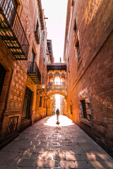 Fototapeta na wymiar Picture of a famous street of Barcelona (carrer del bisbe) captured during sunrise.