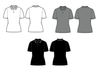 Set of vector polo shirt. Women's shirt template isolated on white background. White, grey and black models
