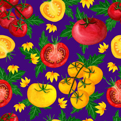 Watercolor tomato seamless pattern on dark background. Vegetable, leaf and flower repeated illustration for fabric, textile, texture, wrapping, wallpaper.