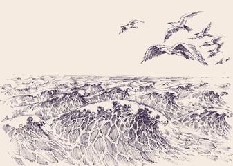 Seagulls flying over sea waves hand drawing - 408293157