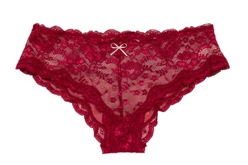 Underwear woman isolated. Close-up of a luxurious elegant sexy red lacy thongs panties isolated on a white background. Underwear fashion. Front view.