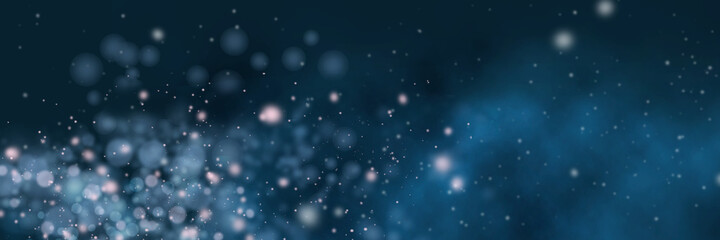 Naklejka na ściany i meble Blurred bokeh light on dark blue background. Christmas and New Year holidays template. Abstract glitter defocused blinking stars and sparks.