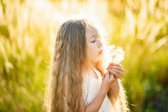 Happy child blowing dandelion outdoors in park. Summer joy. Make a wish. Dream and imagination concept. emotional happy girl.