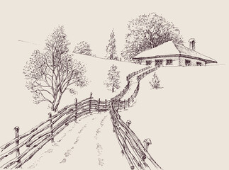 Winter landscape with a house and forest. A road to the house in a wintry landscape