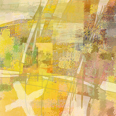 Illustration numérique abstraite, motif paysage vue du ciel, carrés et lignes, oeuvre d'art moderne, couleurs jaune et vert
