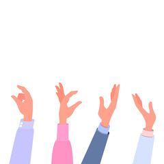 A set of hands holding a palm, thumbs up, showing, demonstrating. Concept: male, female hands in clothes are holding something. Vector illustration, flat cartoon design, isolated on white background.