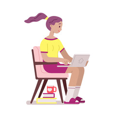 Young girl is sitting in the chair working on the laptop. Student doing homework. Freelancer at work. Woman working at home.