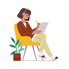 Woman with headphones is sitting on the chair and working on the tablet. Studying, working or drawing on tablet.