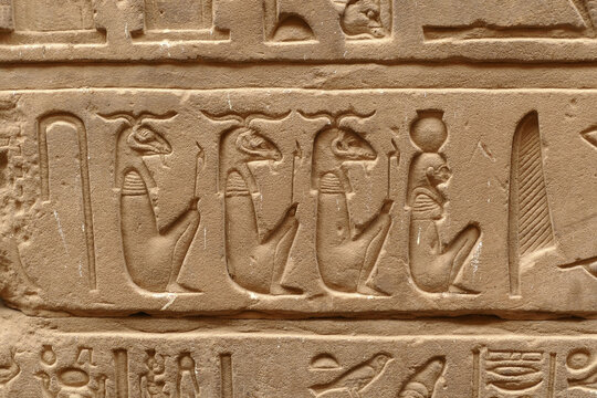 Carvings of pharaohs, Egyptian gods, and hieroglyphics on interior walls of the temple