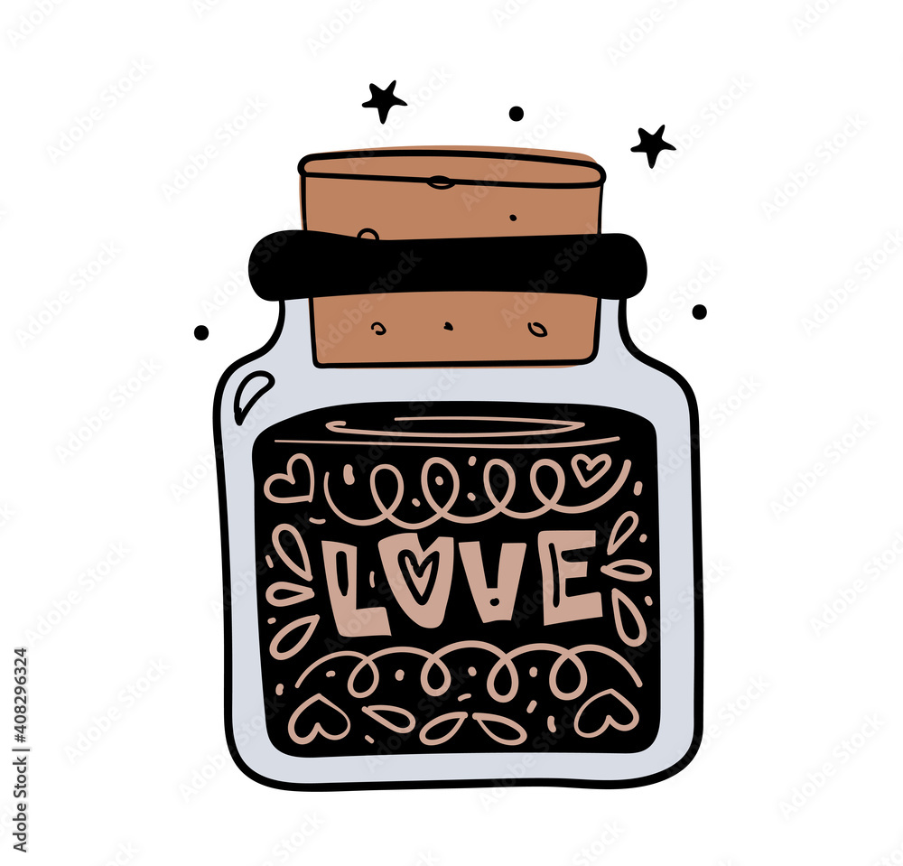 Wall mural love. magic jar with love potion, boho style hand drawing, witch tattoo, tarot card. vector sketch i