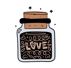 Love. Magic jar with love potion, boho style hand drawing, witch tattoo, tarot card. Vector sketch illustration isolated on white background.