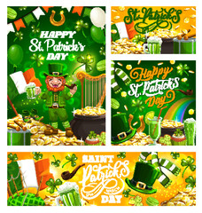 Irish spring holiday St. Patricks day, celebrated on 17 March, symbols. Vector harp, flag of Ireland, rainbow, pot of gold coins. Leprechaun and lettering, music harp, bagpipe and drum with drumsticks