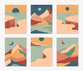 Bundle of creative abstract mountain landscapes,mountain range,cliffed coast backgrounds.Mid century modern vector illustrations with hand drawn mountains,sea or lake,sky,sun and moon.Trendy design.