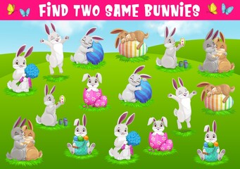Kids game find two same bunnies. Vector puzzle with cute cartoon Easter rabbit characters with decorated eggs on green field playing, sleeping at spring. Educational riddle for attention development