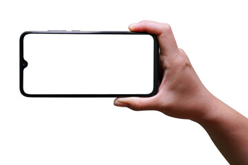 Female hand holding a black smartphone horizontally with a blank screen, isolated on a white background.