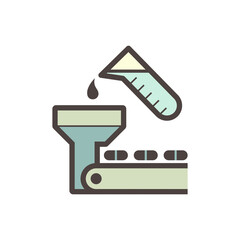 Tablet pressing process in pharmaceutical, nutraceutical, cleaning product and supplement manufacturing industry vector icon. Consist of chemical drop, machine and tablet on conveyor production line.