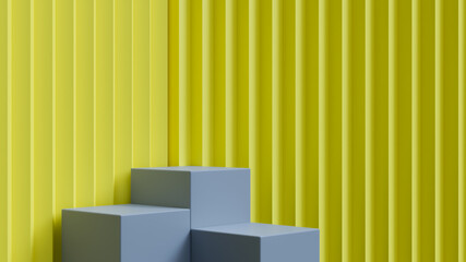 Gray square podium for product presentation on yellow serrated wall background minimal style.,3d model and illustration.