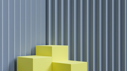 Yellow square podium for product presentation on gray serrated wall background minimal style.,3d model and illustration.