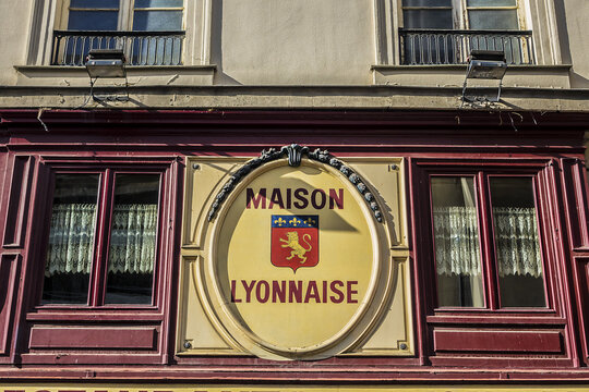 View "Aux Lyonnais" with original sign "Maison Lyonnaise": a Parisian bistro dedicated to cuisine of Lyon. This traditional "Bouchon Lyonnais" in Paris opened in 1890. PARIS, FRANCE. June 26, 2017.
