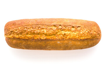Crusty baked baguette isolated on white background. Fresh loaf of bread.