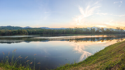 beautiful panorama landscape of mountain lake under the morning sunlight at Chet Kod-Pong Kon Sao, Khao Yai National Park, Saraburi, Thailand.