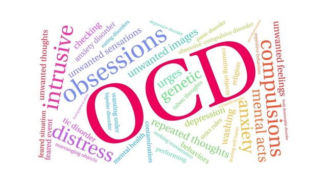 OCD animated word cloud on a white background.