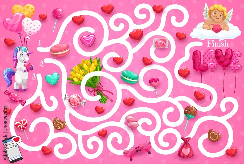 Poster Kids maze game Valentines day theme, help cute unicorn find way to cupid. Vector labyrinth puzzle, child board game. Task with tangled path and angel on cloud. Educational children preschool riddle